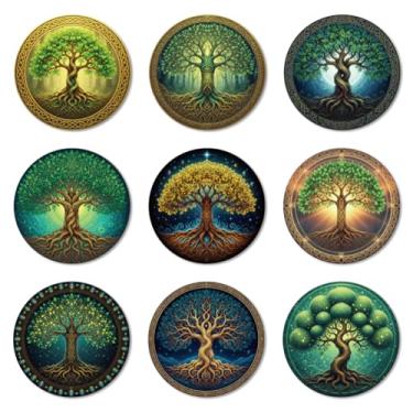 Imagem de ANATTASOUL Conjunto de 9 porta-copos de madeira colorida com padrão de árvore da vida, presente de inauguração de casa redonda a granel para casa nova, proteção de mesa de centro decorativa de 9,9 cm