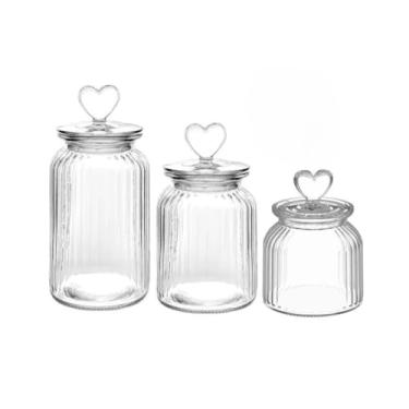 Imagem de Kit 3 Potes de Vidro com Tampa Coração para Casa Nova, Noivado ou Decoração Romântica
