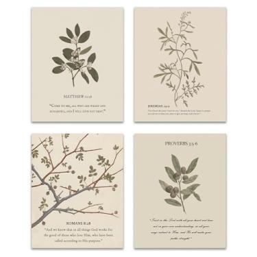 Imagem de ZNGFON Conjunto de 4 arte de parede com versículo bíblico vintage, presentes cristãos para mulheres, impressões de escrituras cristãs, galeria botânica, decoração de fé, arte religiosa para escritório