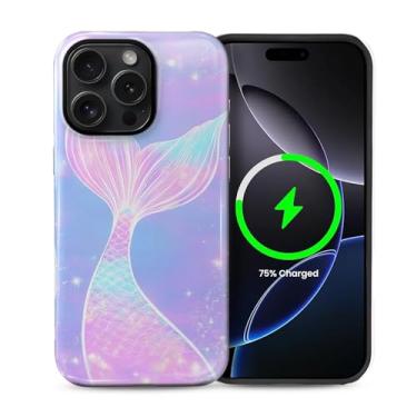 Imagem de Goodsprout Capa para iPhone 15 Pro para MagSafe Capa Rígida Brilhante Acrílico e Silicone Combinação de Estilo de Telefone 2 em 1 Rosa Pastel Cauda de Sereia Brilhante Padrão Glittery