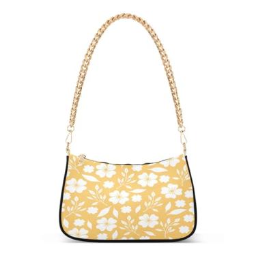 Imagem de Bolsa de mão feminina xadrez vermelha verde tartã natalina de ombro casual Hobo com fecho de zíper, Flor bege amarela