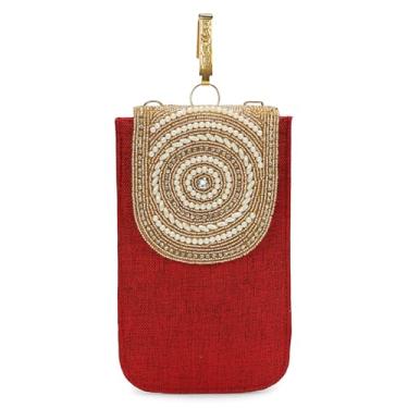 Imagem de LONGING TO BUY Capa elegante para celular com design de pérola dourada, feita de tecido de juta, 20 x 12 cm, padrão espiral decorativo (vermelho)