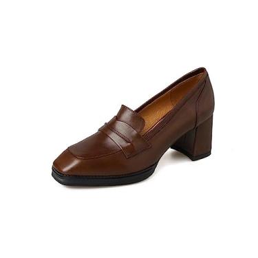 Imagem de TinaCus Mocassins femininos de couro genuíno feitos à mão com bico quadrado salto médio para escritório, Marrom, 36