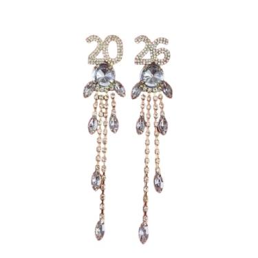 Imagem de Brincos de ano novo 2026 com contas de strass 2026 NYE relógio de véspera de ano novo brincos pendentes de Natal festa festiva, 1, Resina, Sem pedra preciosa