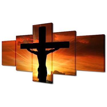 Imagem de Decoração de arte de parede com cruz cristã - pintura em tela de Jesus - Arte de parede multipainel - esticada e emoldurada - pronta para pendurar, 127 x 61 cm