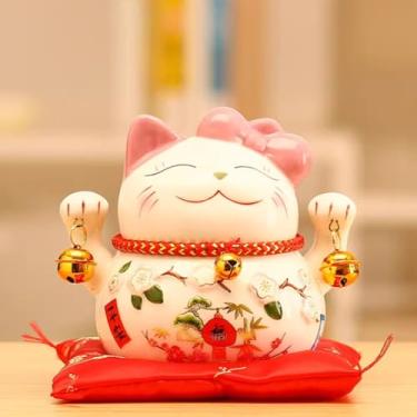 Imagem de FENNYYAR Lindo laço rosa Maneki Neko, 13 cm 12,7 cm, abertura de loja, presente de decoração de casa