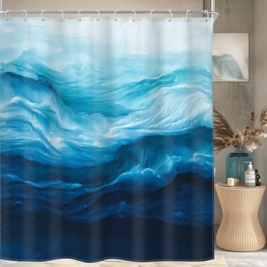 Imagem de Riyidecor Cortina de chuveiro ondulada azul oceano longo abstrato mar náutico praia ombré moderna litoral Havaí natureza estética 182x198 cm minimalismo decoração de tecido banheiro poliéster