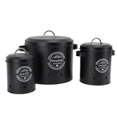 Imagem de GLOGLOW Vasilha de Armazenamento de Aço Carbono, Latas de Armazenamento de Vegetais de 3 Pacotes para Batatas, Cebola, Alho Com Tampa e Alça, Design Selado, Organizador de Grande (Preta)