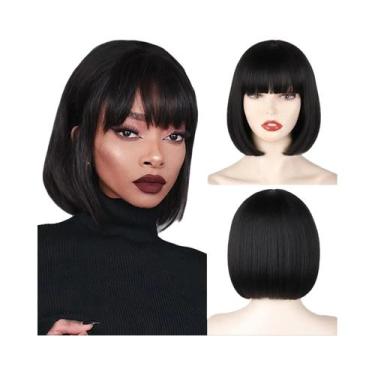Imagem de Peruca Curta Preta De 12 Polegadas Com Franja Para Mulheres, Cabelo Si