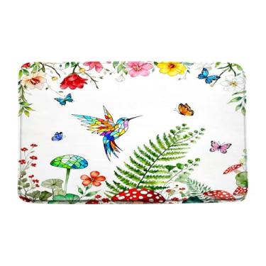 Imagem de Tapete de banho de pássaro floral colorido beija-flor rústico casa de fazenda flor borboleta planta aquarela folha decoração de banheiro tapete de chão, 17,7 x 29,5 polegadas