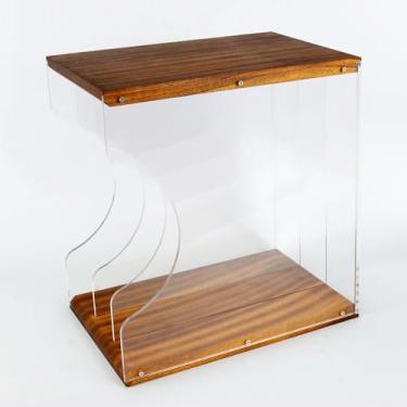 Imagem de Suporte de armazenamento de discos de vinil, empilha até 30 álbuns, madeira maciça e acrílico transparente, tela premium, design simples e contemporâneo para discos LP, DVDs ou CDs de 12 polegadas
