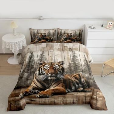 Imagem de Erosebridal Jogo de cama com estampa de tigre 3D, animais selvagens, caça natural, vida selvagem, para crianças, meninos, meninas, vintage, floresta, edredom