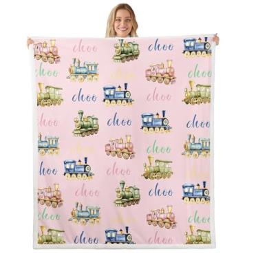 Imagem de Cobertor infantil de trem colorido, cobertor de cama de trem de locomotiva a vapor Choochoo para meninas e mulheres, cobertor de lã de transporte de desenho animado, cobertor felpudo rosa, tamanho