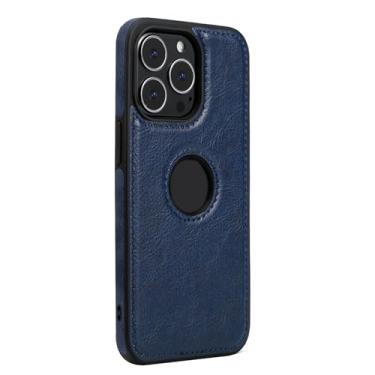 Imagem de FWYANZH Capa de couro para iPhone 16E, capa protetora de câmera fina, aderência macia, vintage, logotipo vista, azul, 16E