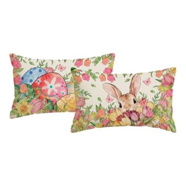 Imagem de ZAEW Aquarela Coelhinho Ovos Tulipas Flores Coelhos Páscoa Lombar Fronhas Conjunto de 2 Decorações para Casa de Fazenda Sofá Sofá Capa de Almofada Festa Decoração de Férias 30 x 50 cm