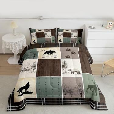 Imagem de Feelyou Conjunto de edredom Queen com estampa de búfalo, tamanho Queen, para crianças, meninos, meninas, urso, veado, rústico, decoração de quarto de fazenda, verde, marrom, microfibra, 3 peças com 2