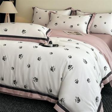 Imagem de Jogo de cama de fibra de bambu macia com toque fresco e estampa acetinada, estilo 6, tamanho King (220x240cm), 4 peças. Inclui capa de edredom, lençol de baixo e lençol de elástico.