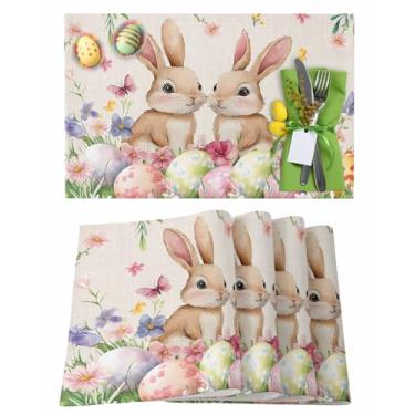 Imagem de Jogo americano floral de coelho da Páscoa, conjunto de 4 tapetes de mesa laváveis para mesa de jantar de cozinha, tapetes de linho de algodão para decoração de festas internas e externas, flores de
