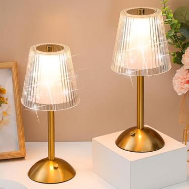 Imagem de Liliful 2 peças de candeeiro de mesa LED portátil sem fio, operado por bateria, USB-C recarregável, dourado, 3 cores, regulável para quarto, sala de estar, jantar (dourado, estilo forrado oco)
