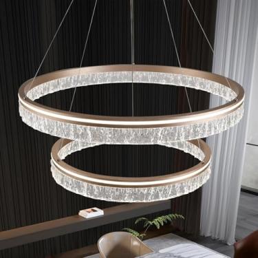 Imagem de Lustre LED moderno, dimerizável de 3000K a 6500K, design em anel, montagem no teto com altura ajustável, elegante luminária pendente em acrílico para sala de jantar, sala de estar e cozinha