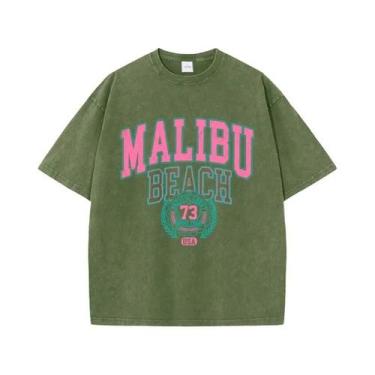 Imagem de Camiseta Feminina Oversized De Algodão Com Gola Redonda Estilo Praia M