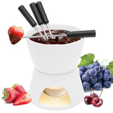 Imagem de ZJRDYYK Conjunto de fondue de queijo e chocolate, mini panela de fondue com 4 garfos, caneca de cerâmica para derreter queijo, chocolates, caramelo e mais