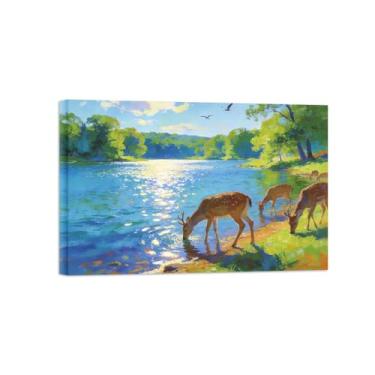 Imagem de BMZFYBS Impressão em tela de paisagem de arte de parede - Pintura de decoração de veado do lago - Imagens para sala de estar pronta para pendurar tela emoldurada 30x45cm12x18in