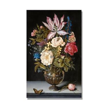 Imagem de NHLDZYH Arte em tela floral clássica natureza morta, impressão vintage estilo pintura a óleo, decoração de parede botânica para sala de estar elegante, sala de jantar. C46. 30x48cm. Somente tela