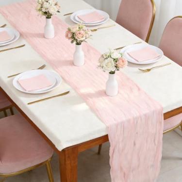 Imagem de Caminho de mesa de gaze de malha rosa de 118 polegadas, gaze rústica boho bandeira de mesa tecido transparente, decoração de casamento de primavera para centro de mesa, chá de panela, festa de