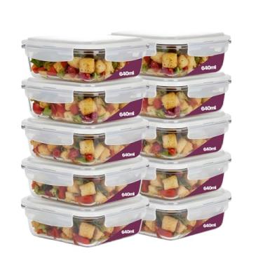 Imagem de Kit 10 Potes De Vidro Borossilicato Retangular Marmita Com Tampa Hermética 640ml Resistente Premium