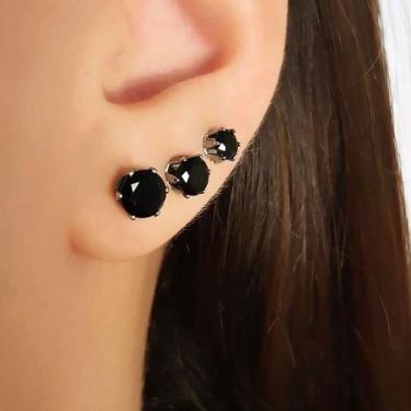 Imagem de Brinco Trio Ponto de Luz Zircônia Negra Aço Inox - Lazzuli Joias