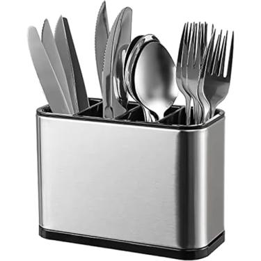 Imagem de Escorredor Porta Talheres Inox 4 Divisórias Organizador de Utensílios Compacto com Drenagem de Água Aço Inoxidável