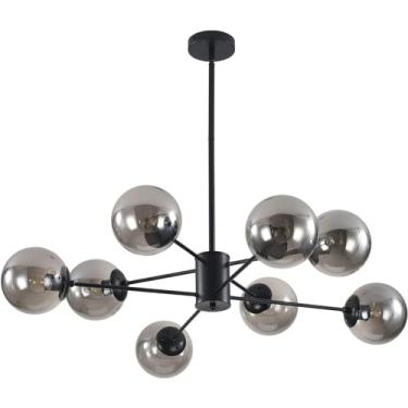 Imagem de Lustre Sputnik moderno com globo de vidro, 8 luzes, estilo meados do século XX, na cor preta, com design industrial rústico (preto e cinza fumê).