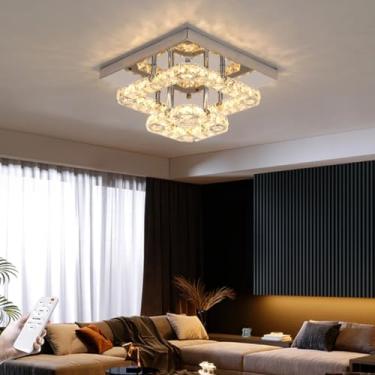 Imagem de Luminária de teto moderna, pendente, LED branco cristal, dimerizável com controle remoto, lustre retangular com 2 anéis para sala de estar, sala de jantar, quarto e escritório (Si)
