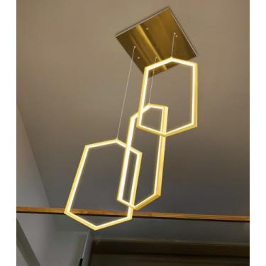 Imagem de dolria Lustre Moderno De 3 Anéis Com Led, Iluminação Pendente Regulável, Luz Teto Ajustável Para Sala Jantar, Hall Entrada, Estar, Escadas Douradas