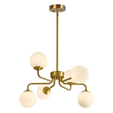 Imagem de Lustre Sputnik de 6 luzes, estilo moderno de meados do século XX, com pendente dourado, globo de vidro fosco e estrutura em latão escovado, ideal para sala de estar, quarto e ilha de cozinha
