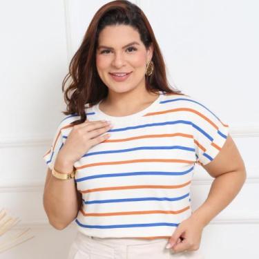 Imagem de Blusa Feminina Manga Curta Japonesa Dobrada Listrada Casual Confort - 