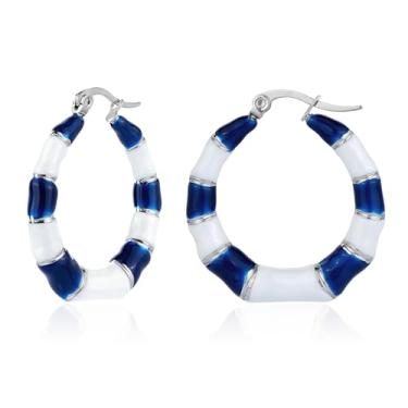 Imagem de TaYolnFaSo Brincos de argola de bambu para mulheres, banhado a ouro 18 quilates, esmaltado, joia de dois tons, presente de dia dos namorados para esposa e namorada, Aço inoxidável, Sem pedra preciosa