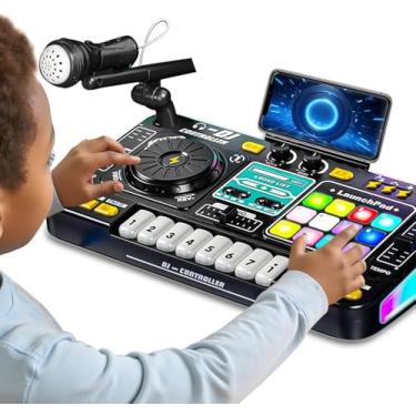 Imagem de Brinquedo Eletrônico Infantil Mesa de DJ com Microfone, Piano e Luzes LED, Mixer Controlador DJ, Efeitos Sonoros e Música, Instrumento Musical Educativo, Presente de Aniversário para Crianças (Preto)