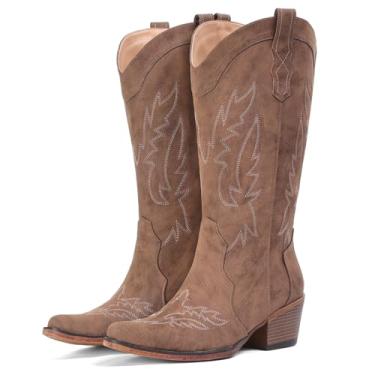 Imagem de IUV Botas caubói femininas de salto grosso, cano médio, cowgirl com bico fino, Vermelho/marrom, 8.5 Wide