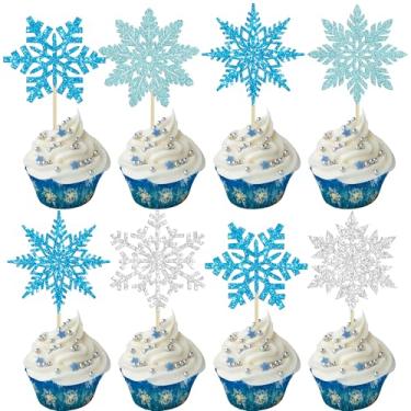 Imagem de Gyufise 36Pcs Snowflake Cupcake Toppers Glitter Frozen Cupcake Picks Snowflake Cake Decorations for Winter Wonderland Frozen Theme Baby Shower Birthday Christmas Party Supplies Light Blue Silver