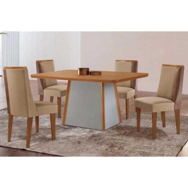 Imagem de Conjunto Sala de Jantar Tilia c/ Tampo Madeirado Canto Curvo 120x80cm e 4 Cadeiras Tilia Madeira Maciça Naturale/Off White - Capuccino/Linho Bege-Rufa