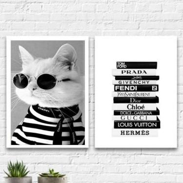 Imagem de Kit 2 Quadros Fashion Gatinho Livros Moda 45X34Cm
