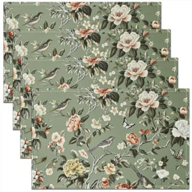 Imagem de Jogo americano Flower Brids, conjunto de 4 tapetes de mesa rústicos, folhas florais para cozinha, mesa de jantar, vintage, decoração de mesa de jantar verde, 46 x 30 cm