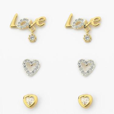 Imagem de Kit Trio De Brinco Love Cravejado Zircônia Banhado Ouro 18k Cristal