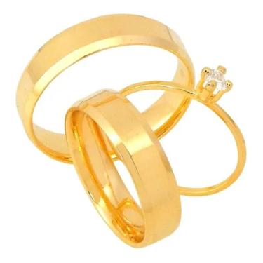 Imagem de Par De Alianças Banhada A Ouro 18k 6mm Chanfrada E Solitário