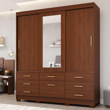 Imagem de Guarda-Roupa Casal 192cm 4 Portas 7 Gavetas com Espelho e Pés MDF Penedo Jequitiba