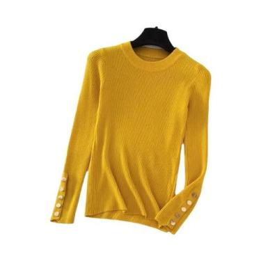 Imagem de Suéter Feminino Cáqui de Malha Grossa - Gola Redonda, Botão, Slim Fit 