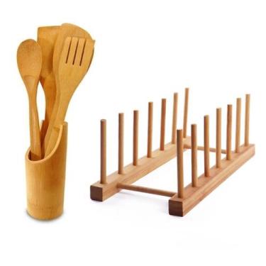 Imagem de Kit 5 Utensílios De Bambu + Escorredor De Louça 6 Divisórias - Kadê