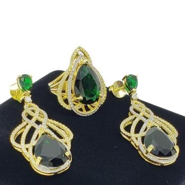 Imagem de Conjunto Anel Brincos Verde Esmeralda Banho Ouro 18k 3686 3687 - Très 